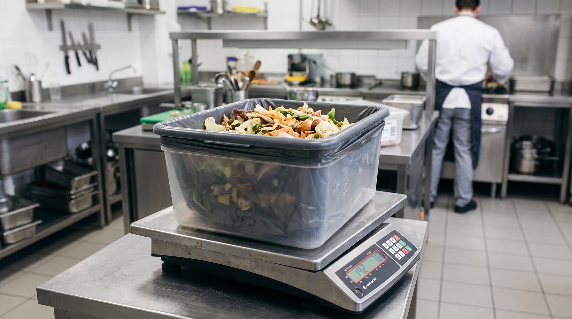 Un bac de restes alimentaires posé sur une balance de cuisine.