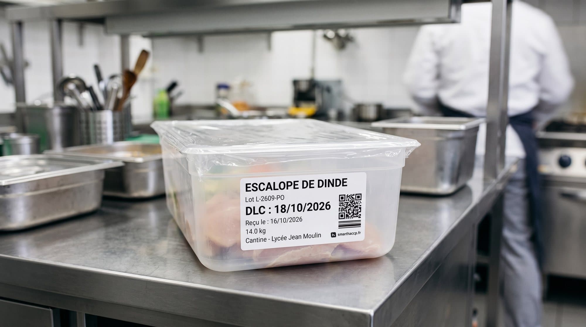 Un bac d’escalopes de dinde portant son étiquette : lot, date limite, date de réception, poids.