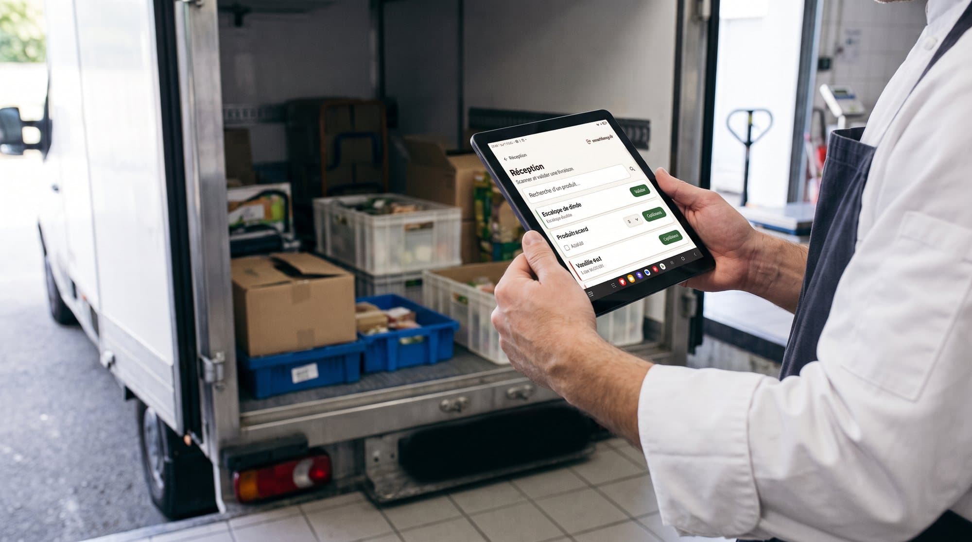 À l’arrière d’un camion de livraison, un cuisinier contrôle les caisses sur la tablette.