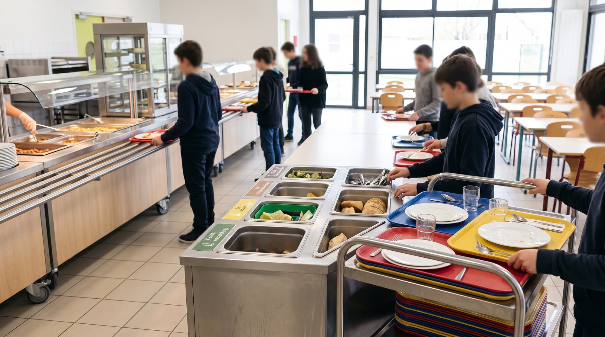Le self d’un lycée : des élèves posent leurs plateaux sur le chariot de débarrassage.